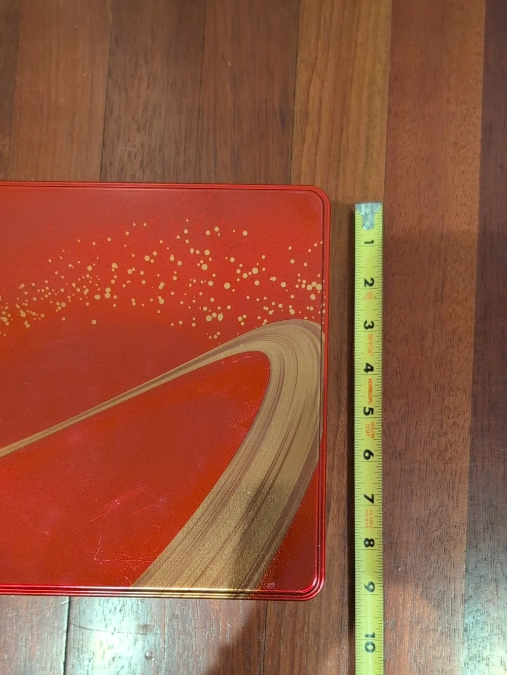 Large Red Rectangular Decorative Storage Tin Canister with Gold Swirl